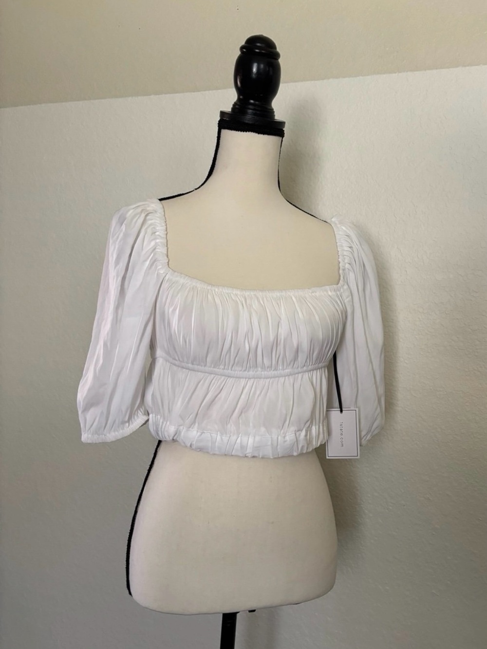 1.State White Pouf Sleeve Square Neck Semi Crop Stretch Blouse Women’s M
